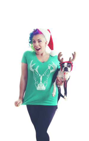 Santa Antler Green V Neck Shirt